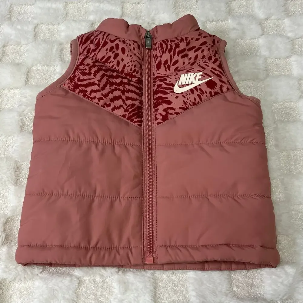 Nike Toddler Girls 12M Pink Puffer Vest Animal Print Full Zip Sleeveless Jacket